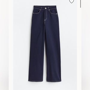 These jeans are from H&M. They’re size 0, high rise, wide leg, and navy blue.